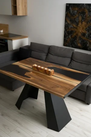 Stół czarny z żywicy i drewna orz