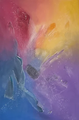 Abstrakcyjny obraz "Euforia" z intensywnymi kolorami, tworzący dynamiczną i radosną kompozycję.