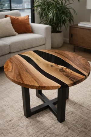 ciemny stolik kawowy do salonu z drewnem