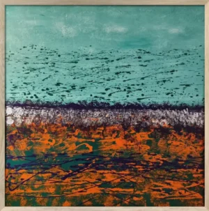 Abstrakcyjny obraz w odcieniach pomarańczowym, niebieskim i zielonym, przedstawiający fragment natury.