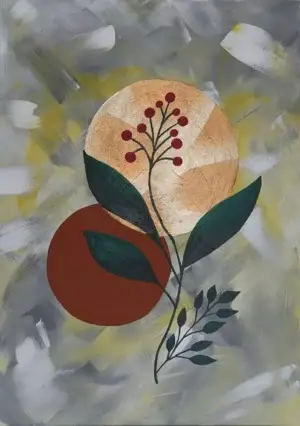 Abstrakcyjny obraz "Boho" z motywem kwiatu i liści na neutralnym szarym tle.