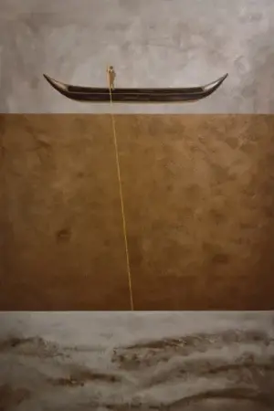 Obraz "Filozofia" przedstawia łódź na wodzie, ukazując spokój i harmonię natury.