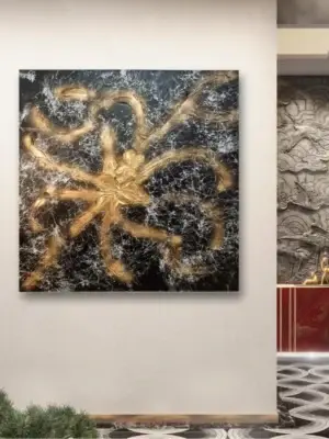 Abstrakcyjny obraz pająka w nowoczesnym wnętrzu, tytuł: "Pająkowa Elegancja".