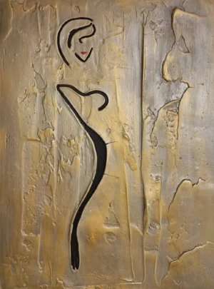 Obraz przedstawia kobietę w czarnej sukni na złotym tle, zatytułowany "Dama w Czerni".