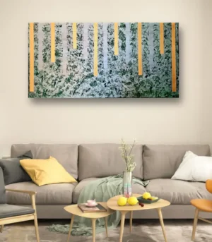 Poziomy obraz abstrakcyjny w odcieniach zieleni oraz złota.