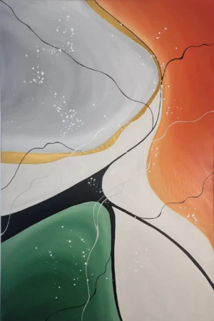 Abstrakcyjny obraz w odcieniach pomarańczowym, zielonym i białym, tworzący dynamiczną kompozycję kolorów.