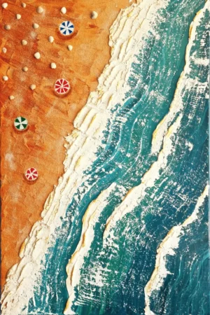 Abstrakcyjny obraz "Piaskowy Sen" przedstawiający plażę z muszlami i piaskiem.