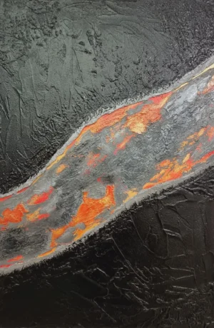 Obraz "Lawa" ukazujący abstrakcyjne płomienie w intensywnych odcieniach czerwieni i pomarańczu.