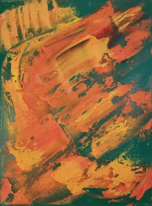 Abstrakcyjny obraz "Wiosna" z dominującymi kolorami pomarańczowym, zielonym i żółtym.