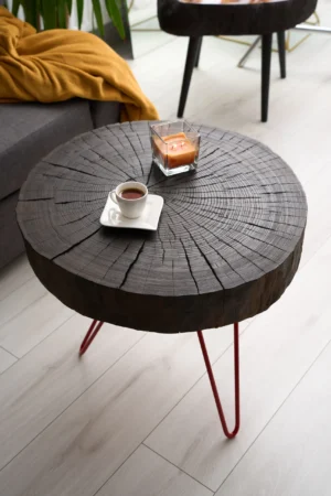 Stolik kawowy z opalanego jesionu z nogami hairpin