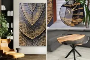Zestaw: stolik z orzecha, obraz ze złotym liściem i elegancki zegar, które razem tworzą spójną kompozycję.