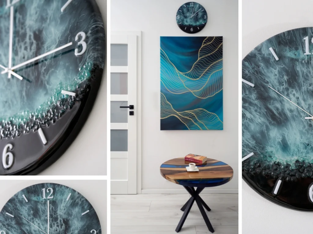 Niebieska Dekoracja scienna , stolik kawowy z żywicy zegar oraz obraz