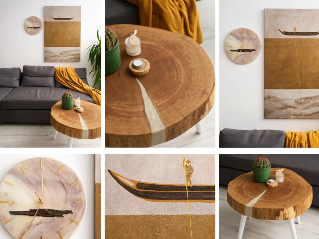 stolik kawowy z plastra drewna i bialej żywicy