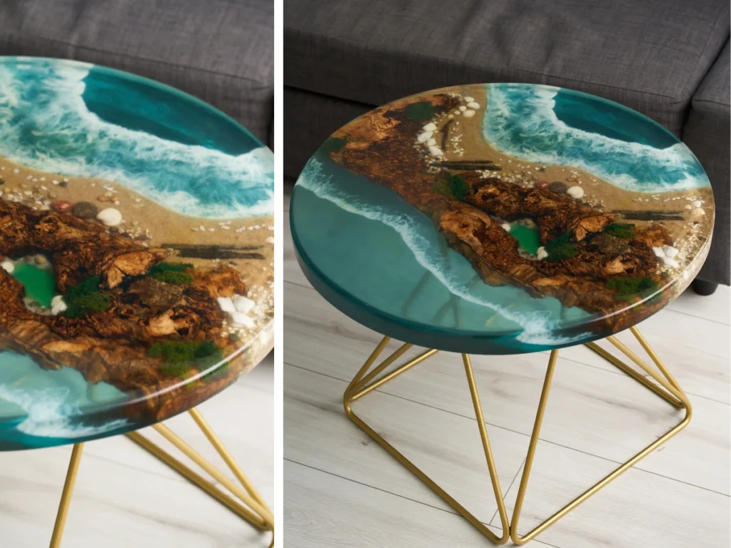 stolik kawowy morski z żywicy epoksydowej i drewna