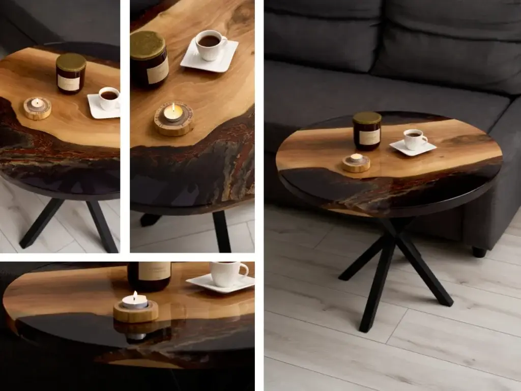 stolik kawowy z czarnej transparntej żywicy i kory drzewnej