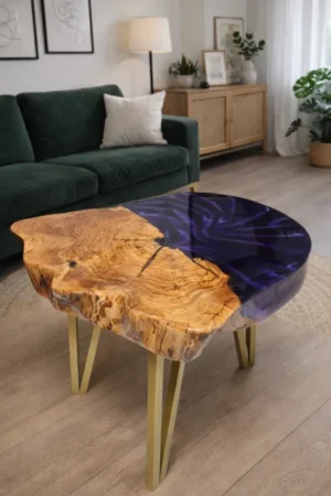 fioletowy stolik kawowy z drewnai żywicy warszawa