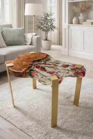 stolik z zywicy i kwiatów