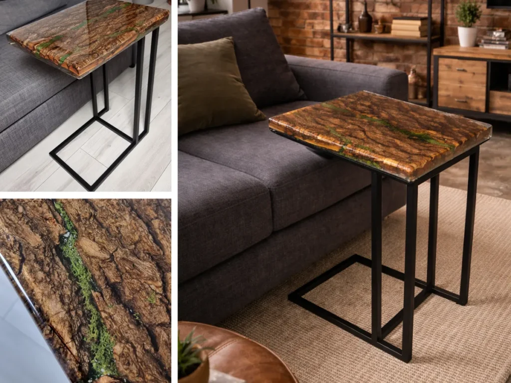 stolik pomocniczy po sofe z kory i zywicy nogi czarne